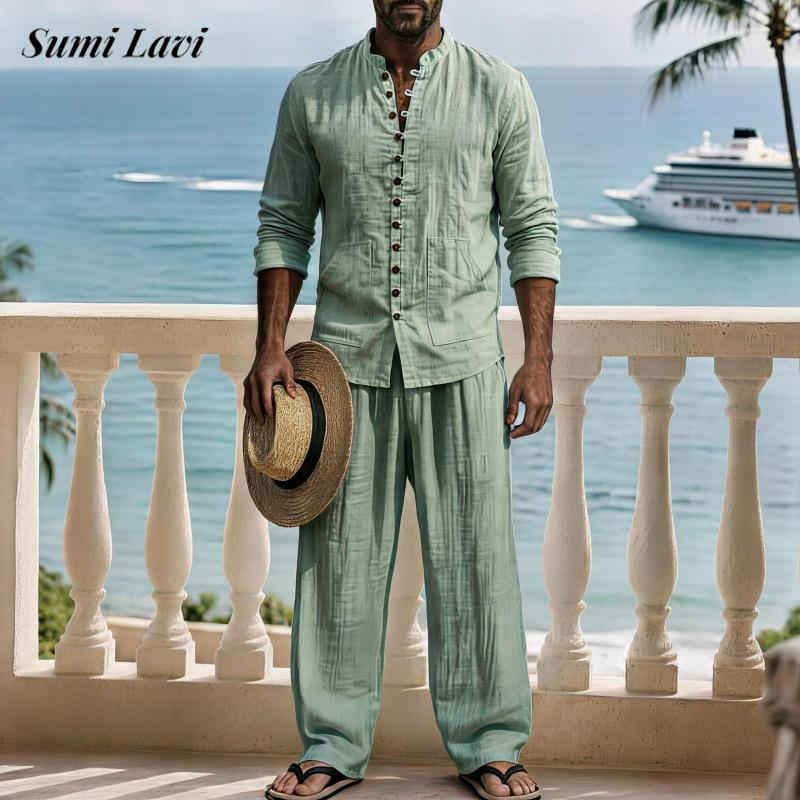 Mens Linen Shirt Long Sleeve - طقم رجالي كلاسيكي من قطعتين: قميص