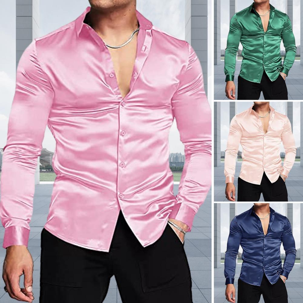 Mens Satin Silk Dress Shirt - الوردي الحرير الساتان فستان فاخر قميص