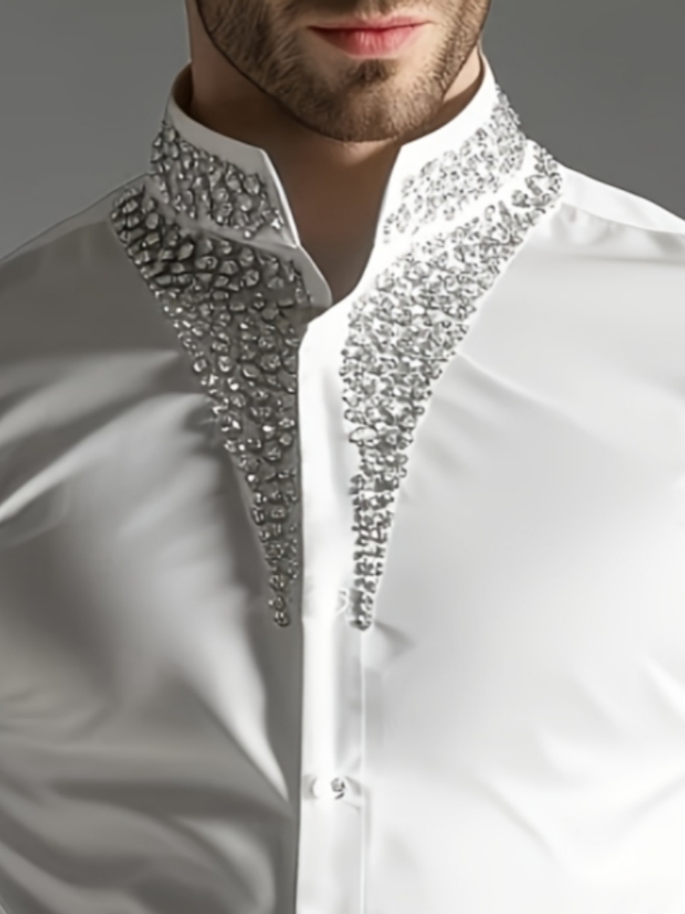 قميص فاخر مرصع بالأحجار الكريم - مراجعة Mandarin Collar Formal Shirt Slim Fit وسعره