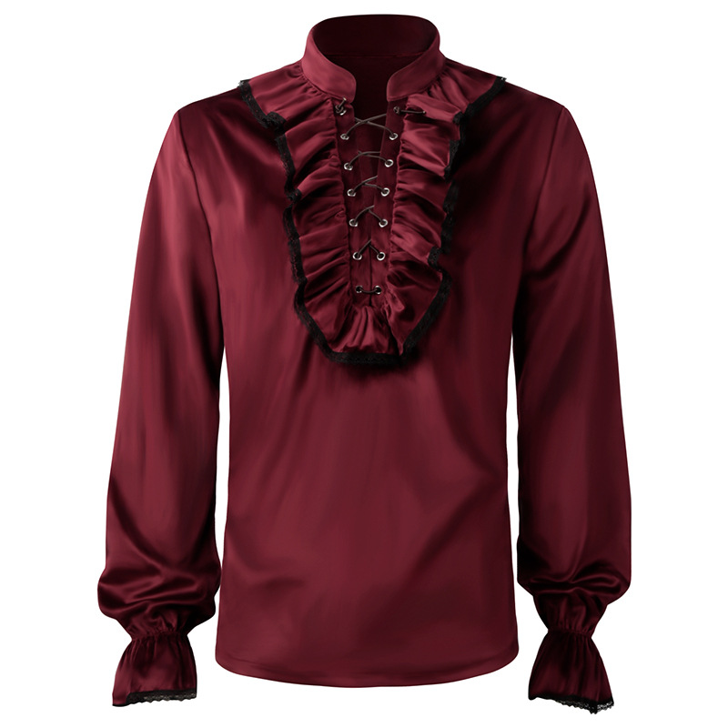 الأحمر الدانتيل يصل الكشكشة فا - مراجعة Medieval Gothic Lace Up Pirate Shirt وسعره