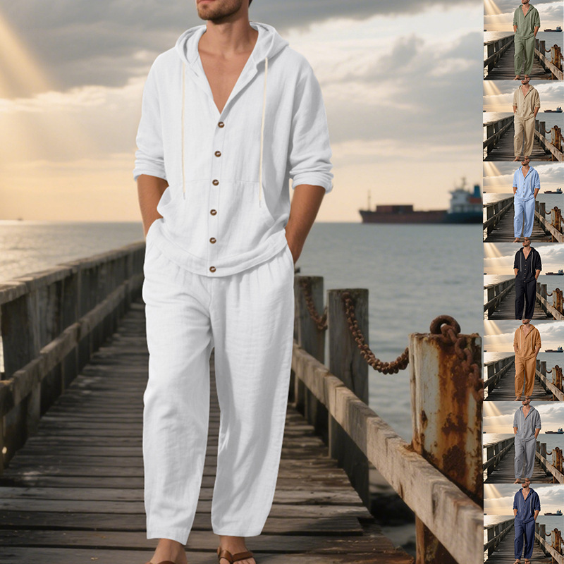 طقم صيفي رجالي أمريكي فضفاض من - مراجعة Mens Linen Shirt Long Sleeve وسعره