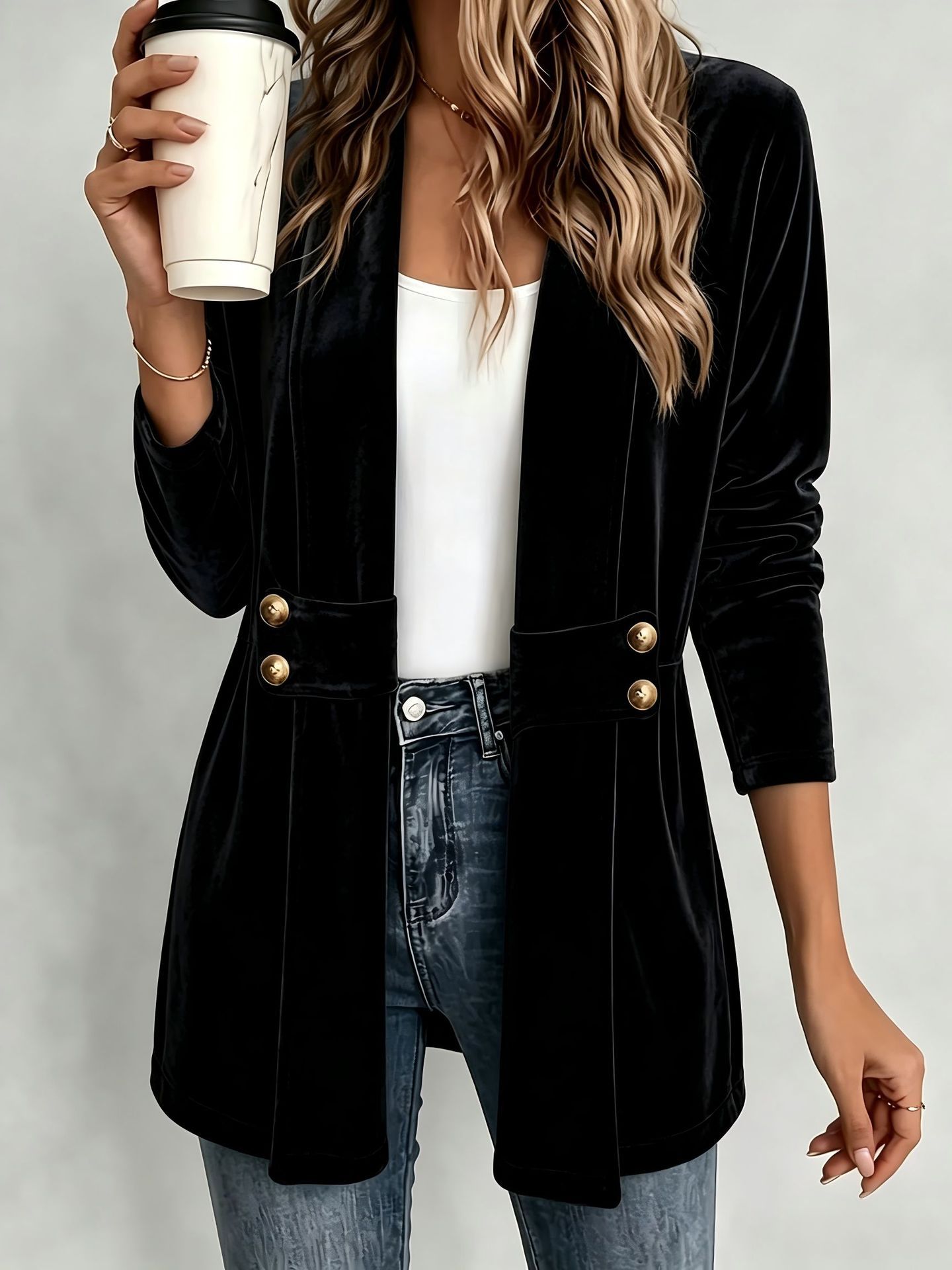معطف نسائي مخملي بفتحة أمامية، - مراجعة Jackets وسعره